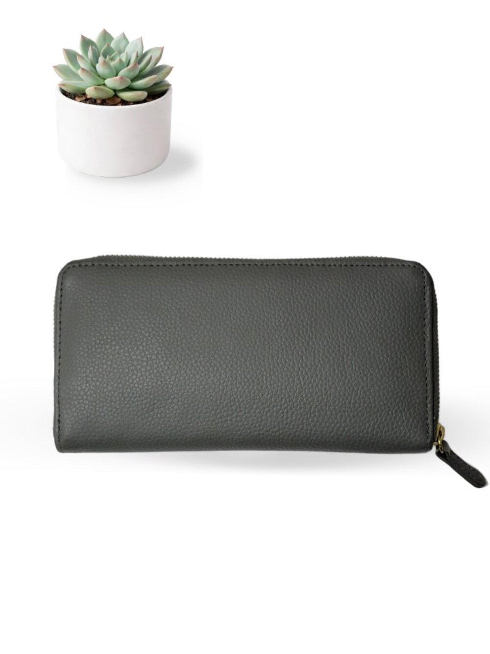 Joy Mangano Gray Pebbled Leather Zip Around Wallet Clutch Gold Hardware - Picture 3 of 6